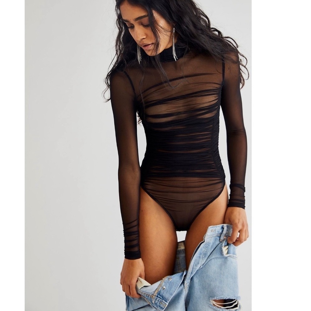 Intimately Free People Under It All Thong Sheer Ruched Long Sleeve Bodysuit S